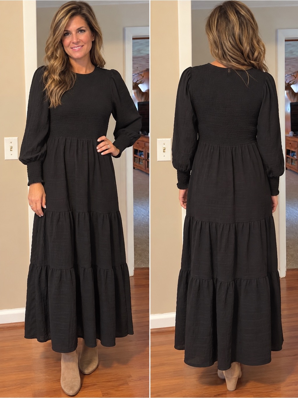 Fashion Brand Company Black Puff Sleeve Tiered Maxi Dress